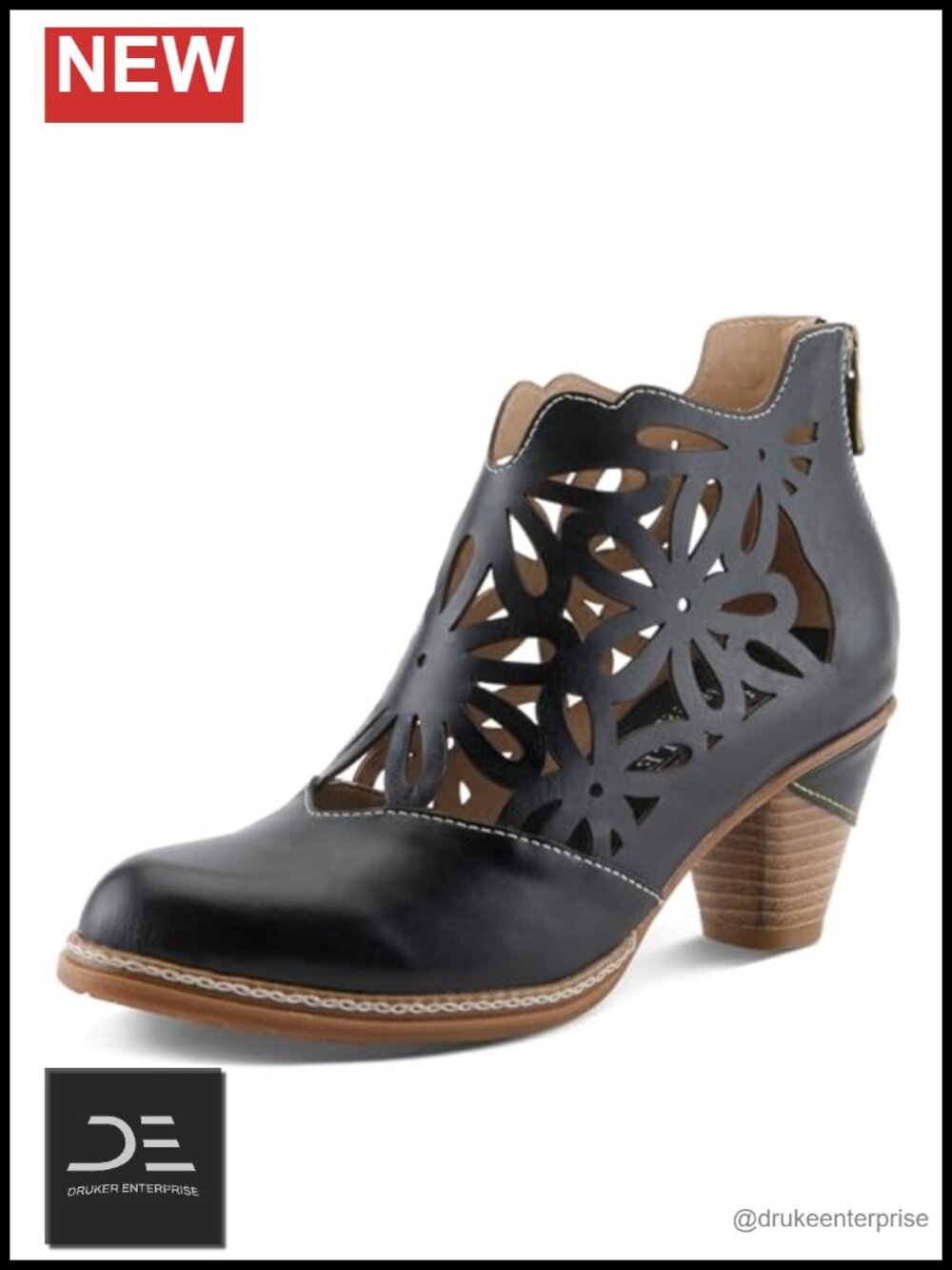 Floral Cutout Leather Shootie with Stacked Heel and Rear Zipper